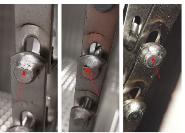 A close-up of a clean, burr-free weld on a spiral freezer belt.