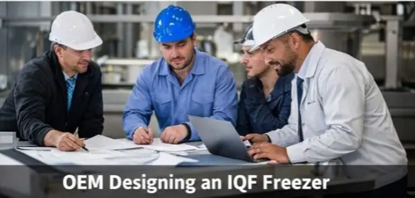 An engineer reviewing blueprints for an IQF freezer, considering the spiral belt specifications.