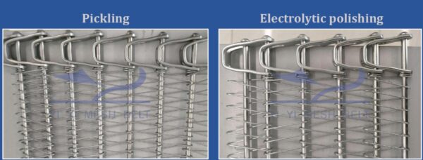 A technician comparing two belt samples, one pickled and one electropolished, under a bright light.