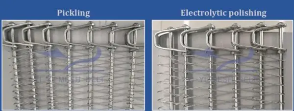 A split image showing the matte finish of a pickled belt versus the shiny finish of an electropolished belt.