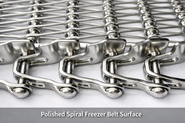 A magnified view of a smooth, mirror-like electropolished surface on a spiral belt.