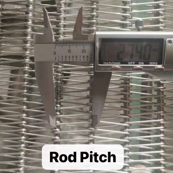 Measuring rod pitch on a stainless steel spiral freezer belt