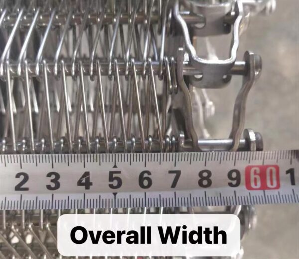Measuring the overall width of a stainless steel spiral freezer belt