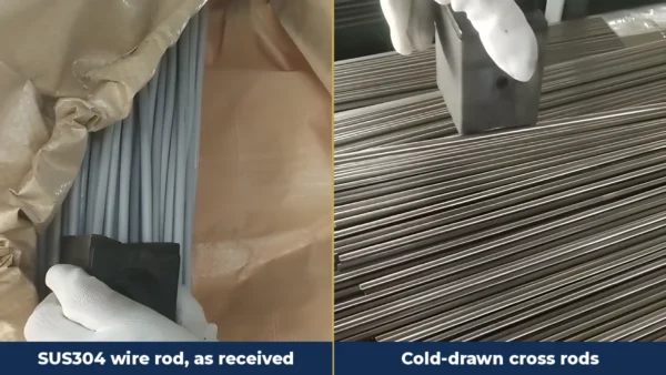 YIYI MESH BELT magnet test comparing SUS304 wire rod as received with cold-drawn cross rods
