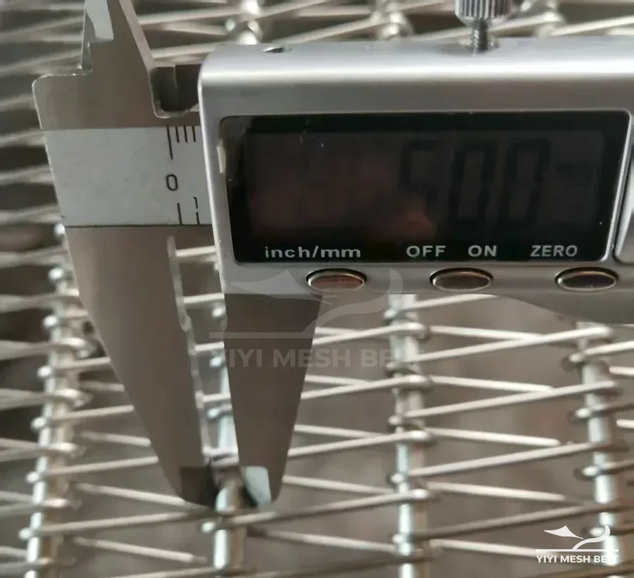 YIYI Mesh Belt self-stacking belt rod diameter measured with a digital caliper against the approved sample data