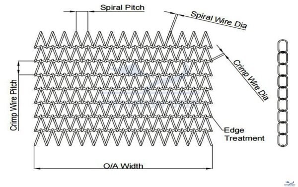 Balanced Weave Belt drawing showing spiral pitch, crimp wire pitch, wire diameters and width