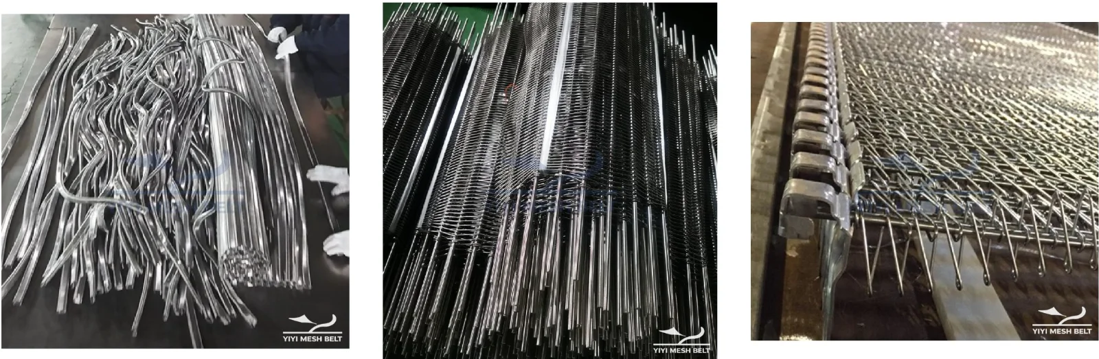 YIYI Mesh Belt formed components, rod-and-spiral assembly and an assembled self-stacking belt
