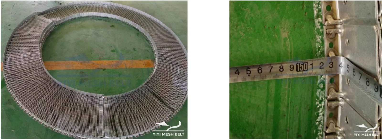 YIYI Mesh Belt self-stacking belt laid in a circle to verify drum geometry and belt width