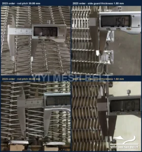 YIYI Mesh Belt self-stacking belt for a repeat customer in New Zealand: rod pitch 30.00 mm and side guard thickness 1.50 mm measured on the 2023 order and again on the 2025 order
