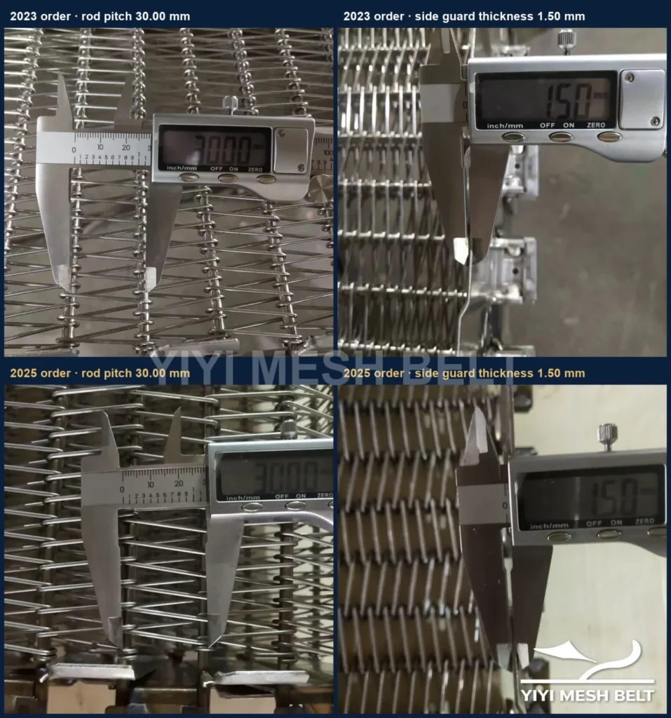 YIYI Mesh Belt self-stacking belt for a repeat customer in New Zealand: rod pitch 30.00 mm and side guard thickness 1.50 mm measured on the 2023 order and again on the 2025 order