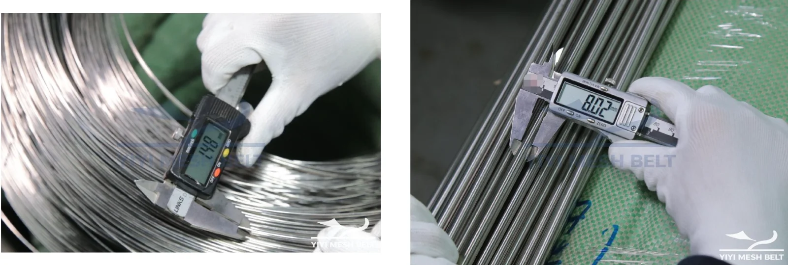 YIYI Mesh Belt wire and rod diameters measured with a digital caliper before self-stacking belt production