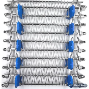 Side Driven Belt with blue side drive links, stainless steel mesh