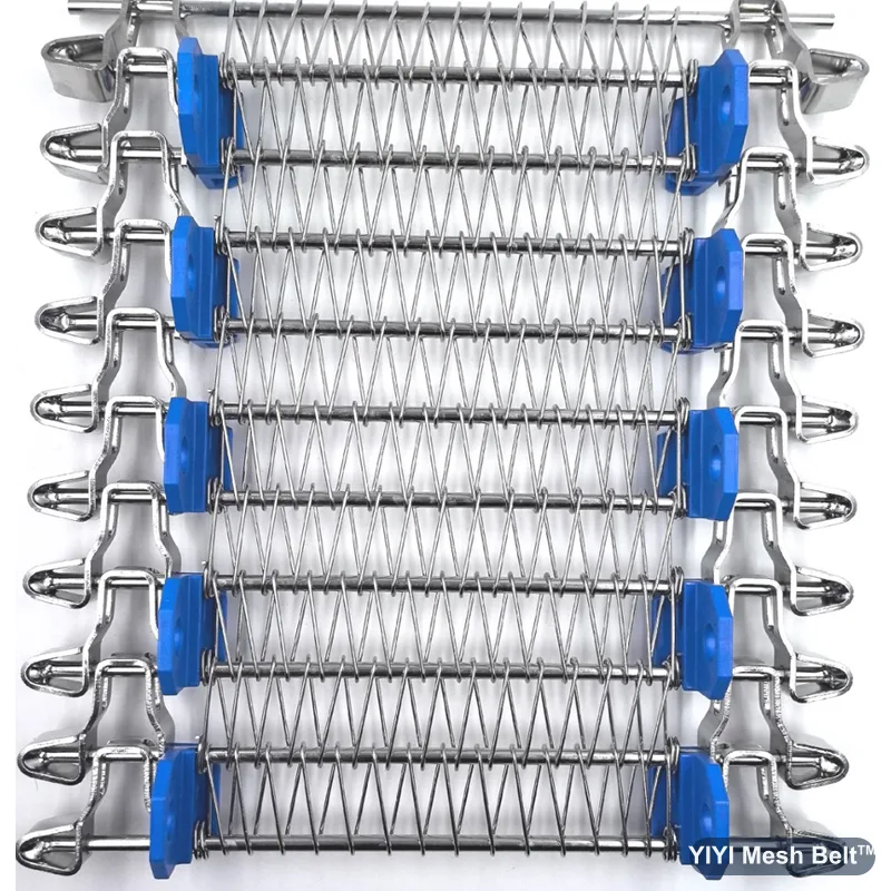 Side Driven Belt with blue side drive components on a stainless mesh