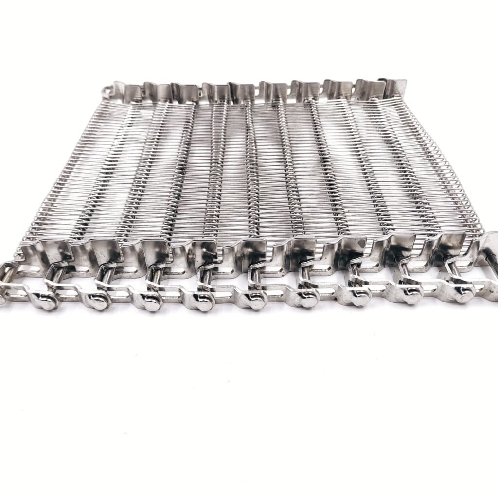 Stainless steel spiral freezer belt section by YIYI Mesh Belt showing rods, links and mesh overlay