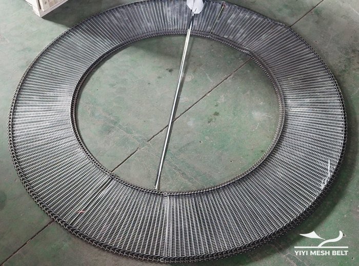 Spiral freezer belt section in a turn during a turn-radius check at YIYI Mesh Belt
